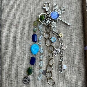 Silver Dragonfly Keychain Charm Bag with Blue and Green Beads